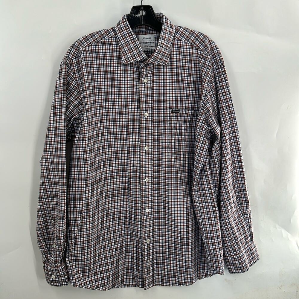 Faconnable Men's Blue & Brown Plaid Long Sleeve Button Up Shirt Size Large